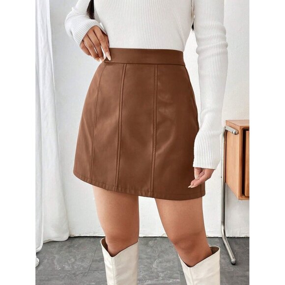 Vegan leather paneled mini skirt boho minimalist brown - Picture 1 of 4
